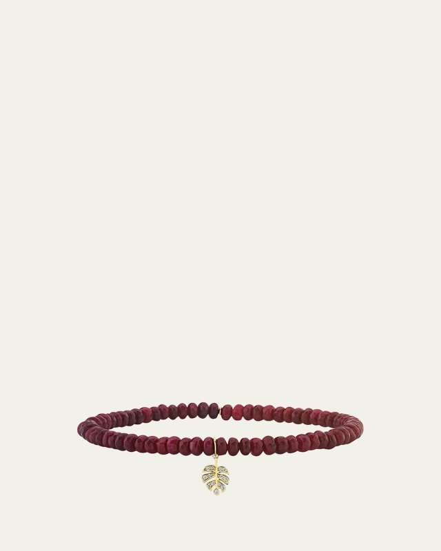 14K Tiny Monstera Leaf Charm on Dark Red Jade Bracelet